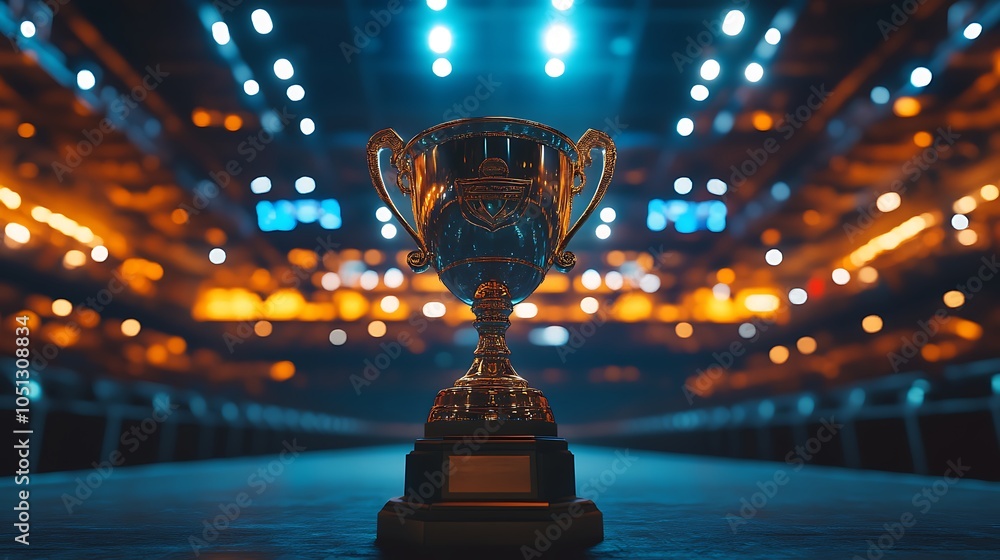 Trophy of the world championship winner cup in an empty sports stadium Trophy of the world championship winner cup in an empty sports stadium