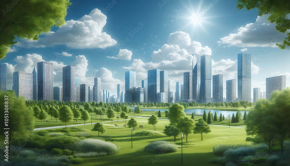 Obraz premium Skylines and Sunlit Serenity, Generative Ai