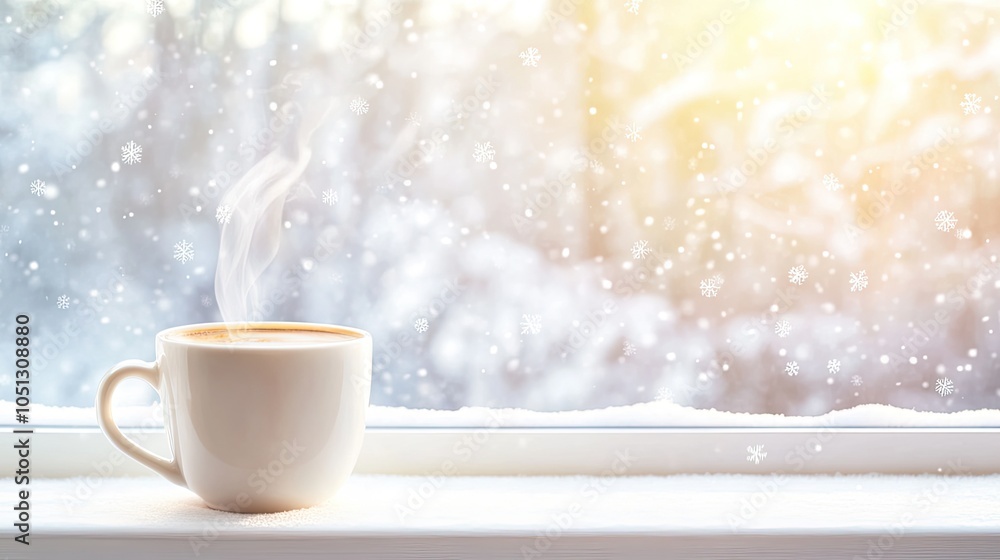 Fototapeta premium Minimalist Stock Photo of a Steaming Cup of Coffee on a Windowsill with Snowy Background and Soft Warm Light, Creating a Cozy Winter Atmosphere