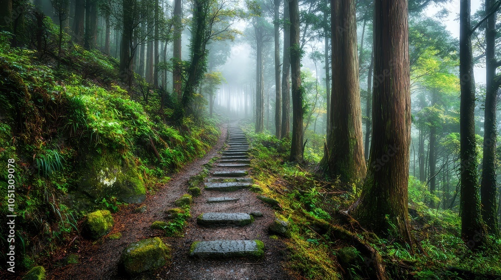 Mystical Foggy Forest Pathway in Aokigahara