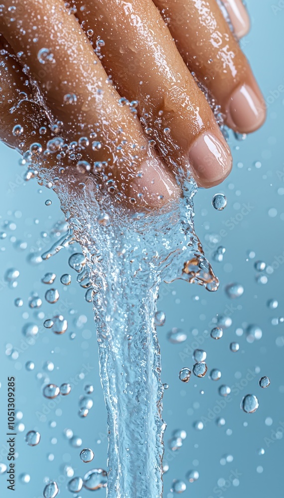 Fototapeta premium Hand squeezing water droplets, clear liquid on blue background, freshness and hydration concept.
