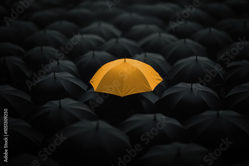 A bright yellow umbrella stands out in a crowd of black umbrellas. Embodying individuality, creativity, and standing out from the crowd photo