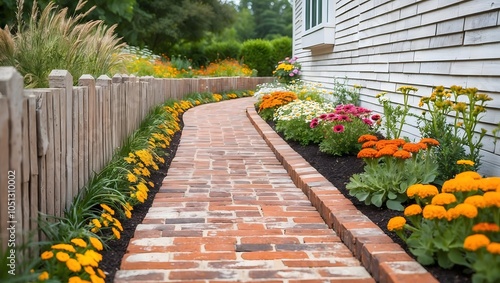 Charming Brick Pathway Surrounded by Colorful Flowers