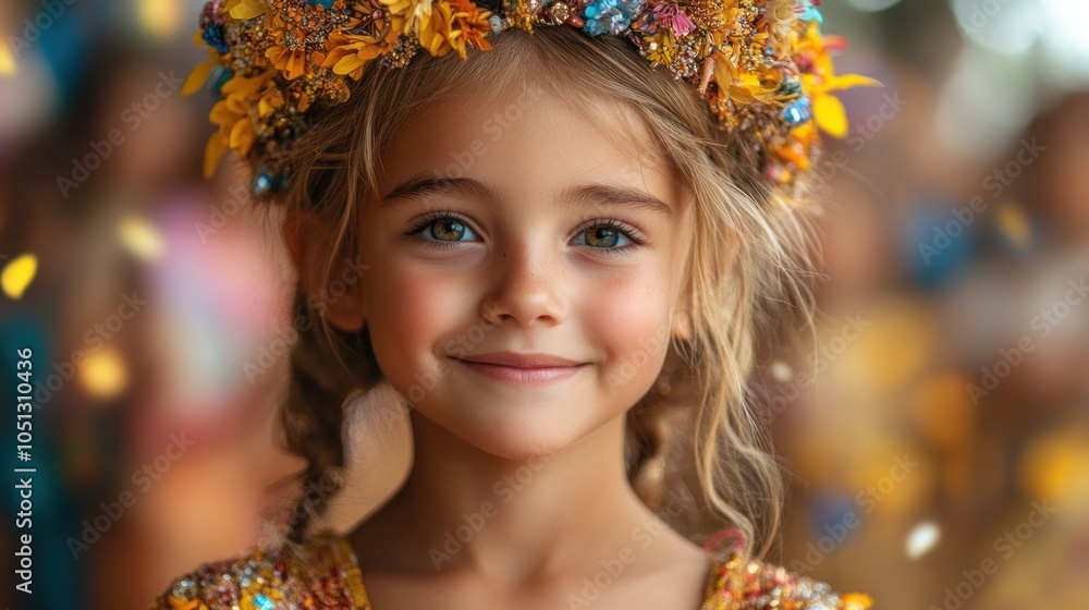 A joyful girl in a floral crown, smiling amidst a festive backdrop. A joyful girl in a floral crown, smiling amidst a festive backdrop.