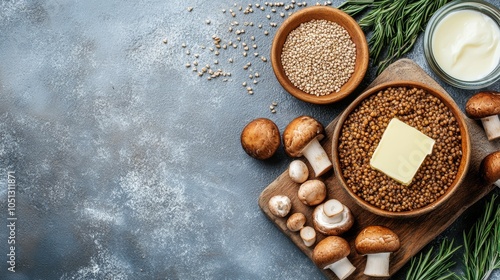 A bowl of buckwheat porridge with butter, mushrooms and rosemary on a gray textured background.