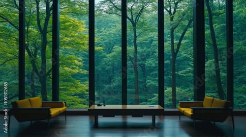 Modern interior lounge with forest landscape through large windows, designed for mindful relaxation.