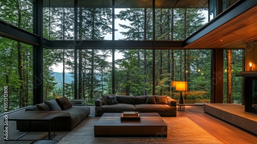 Wallpaper Mural Relaxing lounge area in a modern living room with panoramic forest views through glass walls Torontodigital.ca