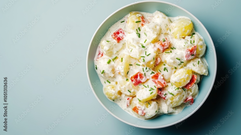 A bowl of creamy potato salad with red pepper and chives on a blue background. A bowl of creamy potato salad with red pepper and chives on a blue background.