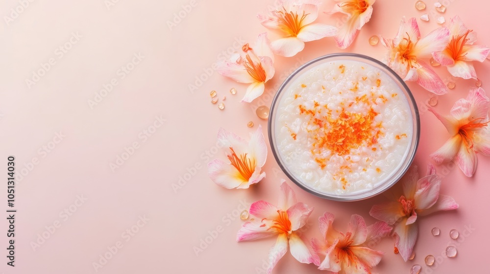 A bowl of creamy white rice porridge topped with orange zest, surrounded by delicate pink flowers and water droplets on a pink background. A bowl of creamy white rice porridge topped with orange zest, surrounded by delicate pink flowers and water droplets on a pink background.