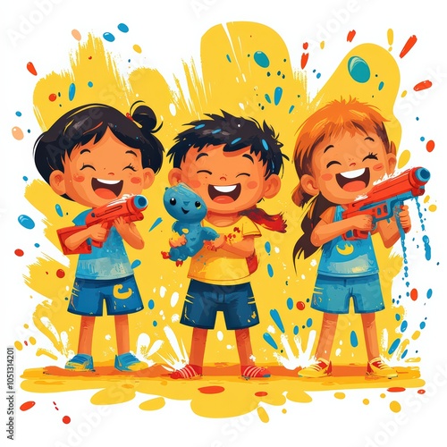 Vector image of kids having fun with water guns and Holi colors
