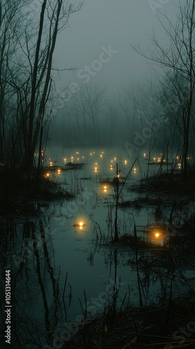 Eerie Misty Swamp with Illuminated Lights at Night