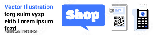 Shopping icon with speech bubble, receipt with QR code, and payment terminal. Ideal for online shopping, e-commerce, digital payments, modern retail, and technology integration. Banner landing