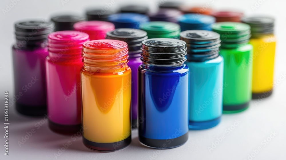 A group of colorful bottles of paint arranged in a row. A group of colorful bottles of paint arranged in a row.