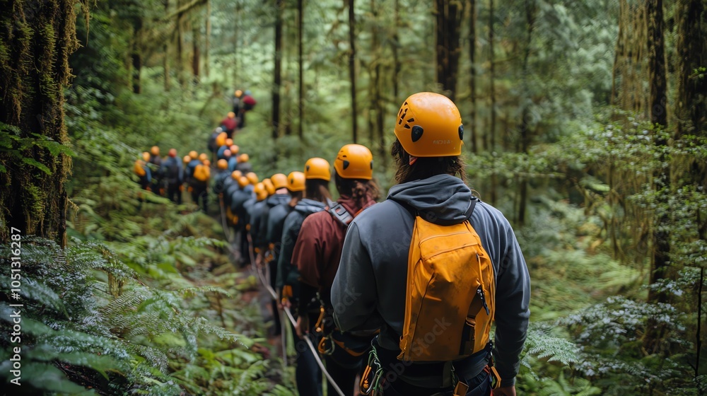 Naklejka premium Adventurous hiking expedition through lush forest trails with group