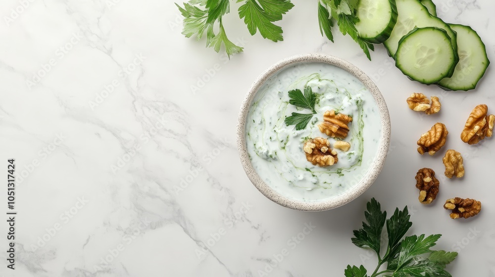A bowl of creamy yogurt dip with chopped cucumber, walnuts, and parsley on a white marble background. A bowl of creamy yogurt dip with chopped cucumber, walnuts, and parsley on a white marble background.