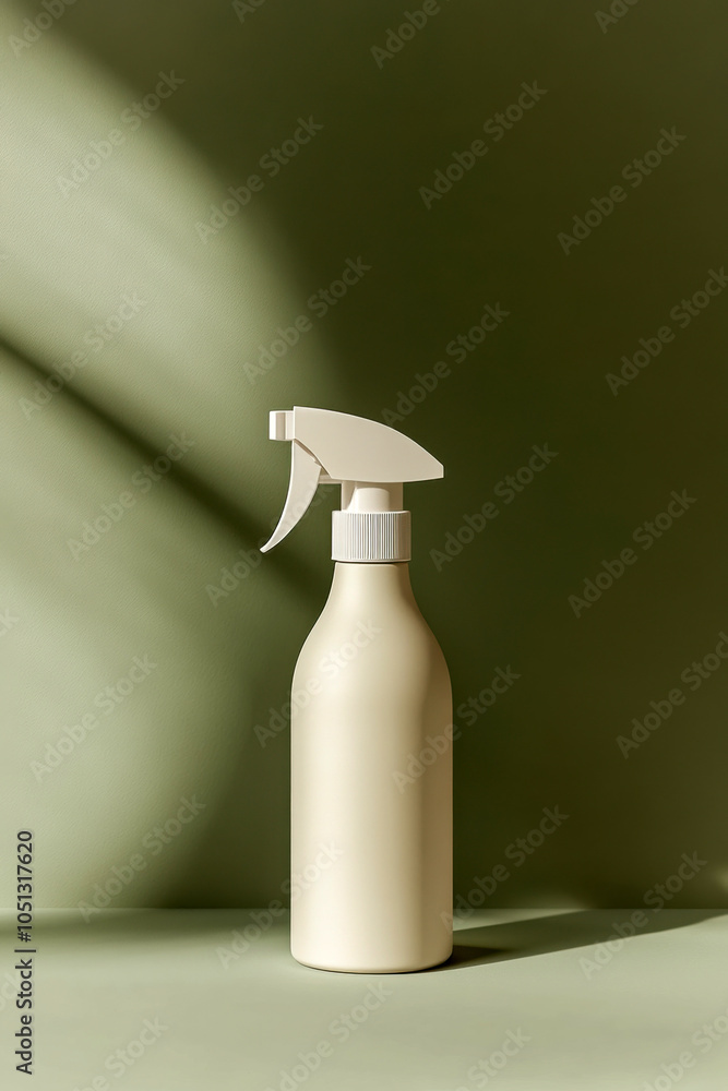 Minimalist design of a toner spray bottle displayed on a soft green background in natural light Minimalist design of a toner spray bottle displayed on a soft green background in natural light