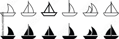 Sailboats vector set For Print, Sailboats vector Clipart Sailboats Black shape of a sailboat is in a side view, isolated on transparent background, Sea yachts. Extreme lifestyle. used for mobile app.