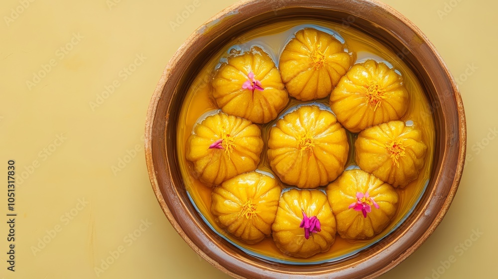 A bowl of eight yellow dumplings in a sweet sauce, topped with pink flower petals. A bowl of eight yellow dumplings in a sweet sauce, topped with pink flower petals.