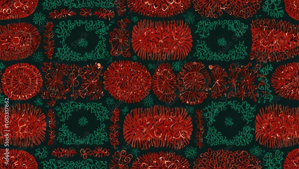 knitted fabric background , A repeating pattern of red and green shapes on a dark background. Circles and squares.