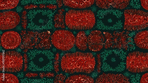 Obraz na płótnie knitted fabric background , A repeating pattern of red and green shapes on a dark background. Circles and squares. w salonie