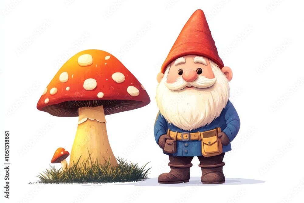 Obraz premium Cartoon Garden Gnome Standing Beside a Red Mushroom