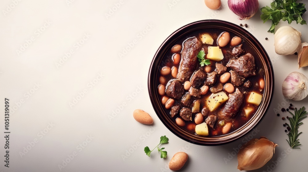 Fototapeta premium A bowl of hearty beef stew with potatoes, beans, and vegetables, shot from above on a white background.