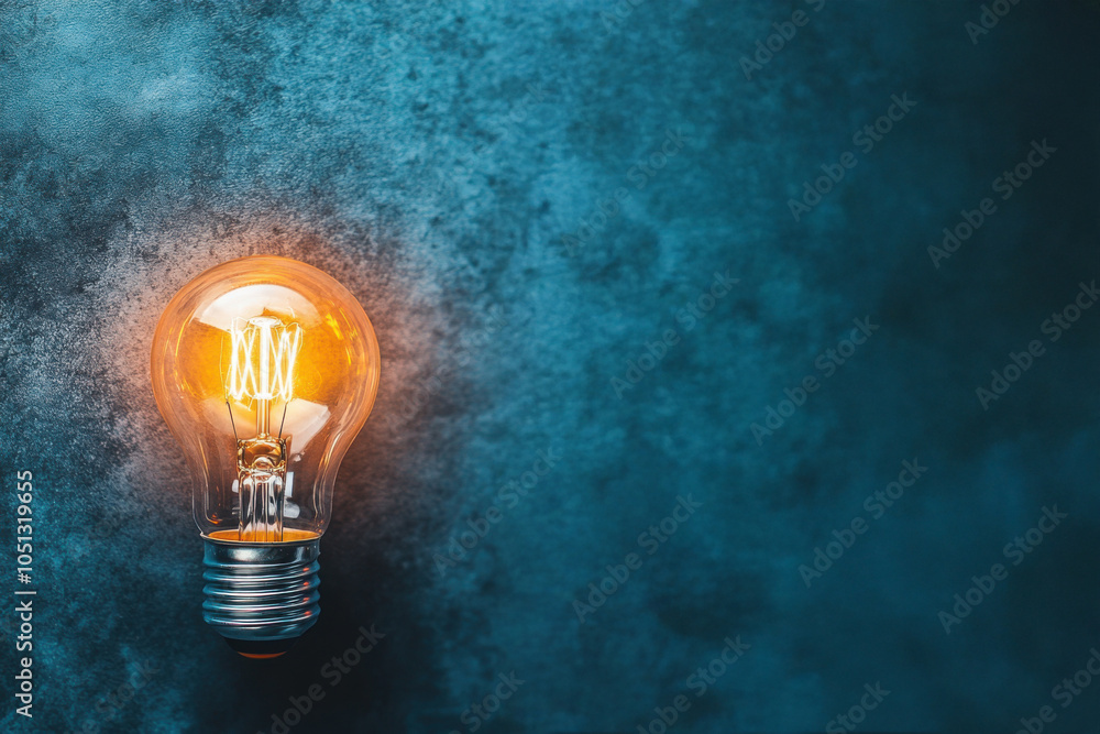 One brightly lit lightbulb stands out against a dark blue textured background, symbolizing innovation, bright ideas One brightly lit lightbulb stands out against a dark blue textured background, symbolizing innovation, bright ideas