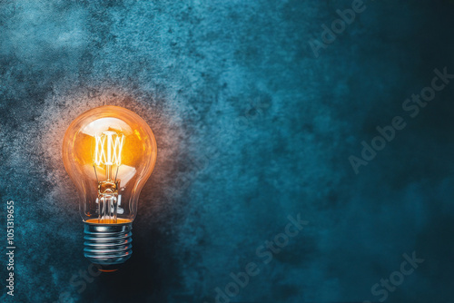 One brightly lit lightbulb stands out against a dark blue textured background, symbolizing innovation, bright ideas
