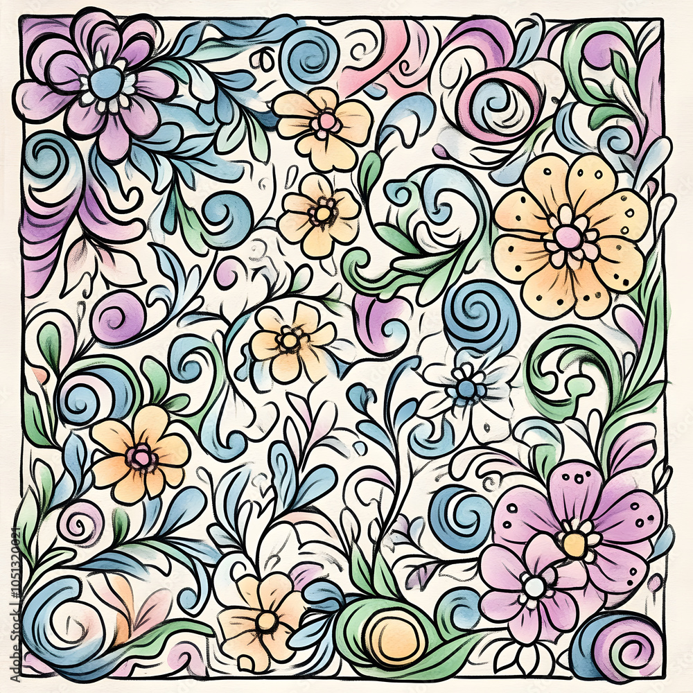 Fototapeta premium Geometric and Organic Doodle Tile and Carpet Designs with White Borders | Hand-drawn, Abstract, Floral, and Symmetrical Patterns in Soft Pastel and Earth Tones