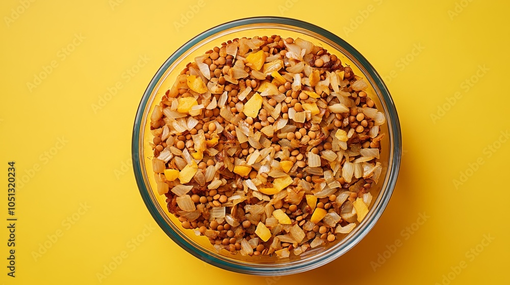 A bowl of lentils, onions, and carrots on a bright yellow background. A bowl of lentils, onions, and carrots on a bright yellow background.