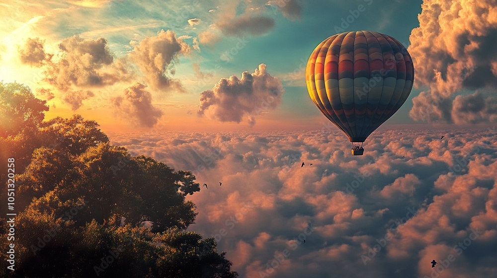 Hot Air Balloon Soaring Above the Clouds at Sunset Hot Air Balloon Soaring Above the Clouds at Sunset