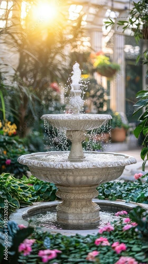 Elegant Marble Fountain in Lush Courtyard Setting Elegant Marble Fountain in Lush Courtyard Setting