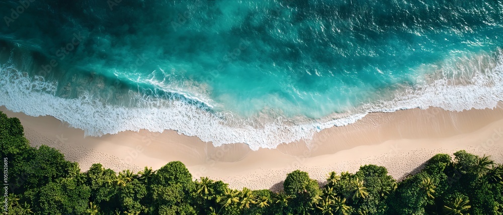 Fototapeta premium Aerial view of a scenic beach and ocean waves, top view of stunning coastal landscape with sandy shoreline and turquoise sea waters