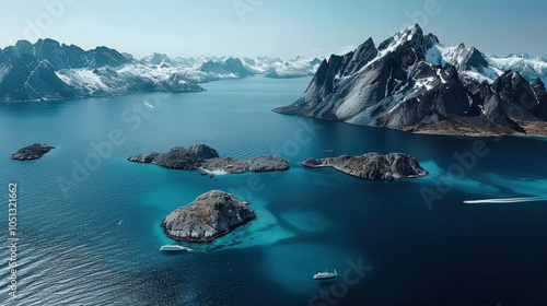 Aerial shot of Lofoten archipelago showcasing deep blue waters, rugged mountains, and scattered islands. serene landscape evokes sense of tranquility and natural beauty