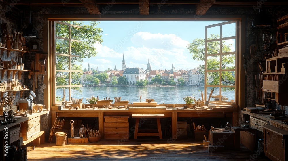 Fototapeta premium A Carpenter's Workshop with a View of a City and Water