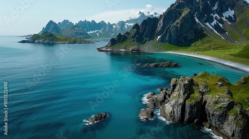 Aerial view of Lofotens deep fjords showcasing steep cliffs and turquoise waters, creating breathtaking natural landscape. serene environment invites exploration and adventure