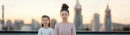 Woman and girl meditating together on a rooftop with a city skyline.