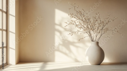 A white vase with dried flowers on a wooden table in front of a window with sunlight streaming through.