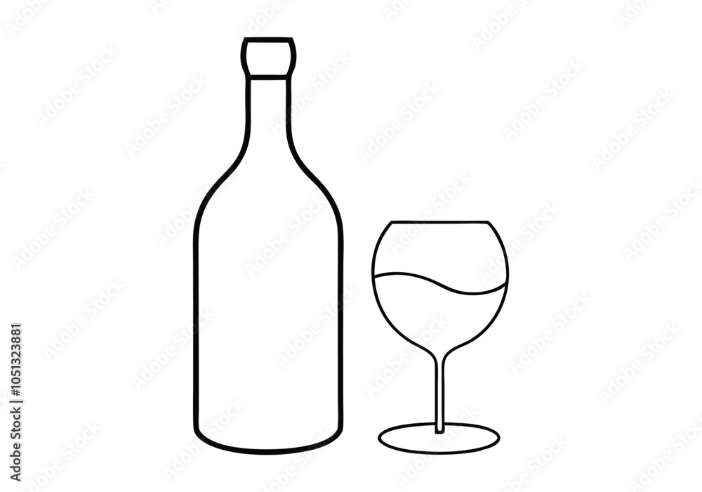 Elegant Wine Glass and Bottle – Continuous Line Art Illustration Elegant Wine Glass and Bottle – Continuous Line Art Illustration