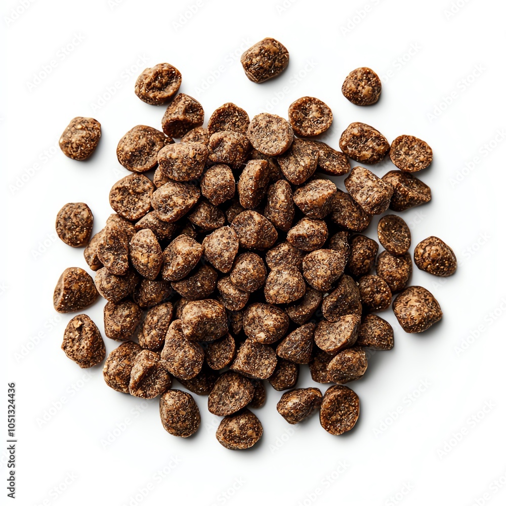 Brown pet food pellets arranged on a white isolated background. Brown pet food pellets arranged on a white isolated background.