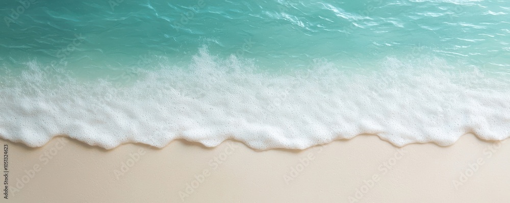 Obraz premium Beach shoreline with gentle waves lapping on soft sand under bright sunlight.