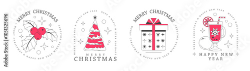 Set of modern Merry Christmas and Happy New Year line art logo, label or emblem design with Holly, Christmas tree, gift box and mulled wine. Vector illustration