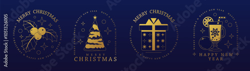 Set of modern Merry Christmas and Happy New Year line art logo, label or emblem design with Holly, Christmas tree, gift box and mulled wine. Vector illustration