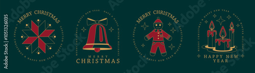 Set of modern Merry Christmas and Happy New Year line art logo, label or emblem design with snowflake, gingerbread man, burning candles and jingle bell. Vector illustration