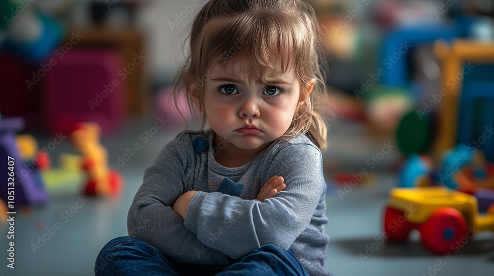 Child in conflict showing a pouty expression while seated among colorful toys Child in conflict showing a pouty expression while seated among colorful toys