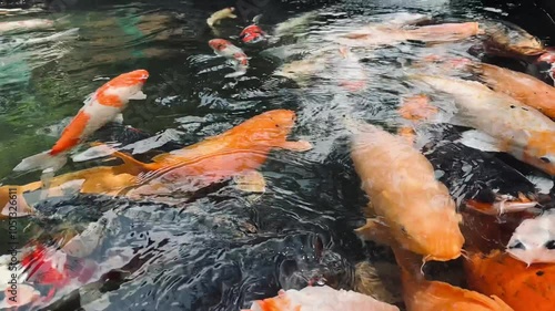 Close up view of hungry colorful koi fish looking for food by opening its mouth. The open mouth of a koi fish looks for food in a freshwater pond. 