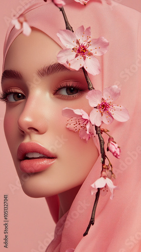 Beautiful young black woman with flowers and petals on her face. Beauty parlor vertical banner concept, copyspace for Instagram story, reel or tiktok background. Light pink and peach fuzz colors.