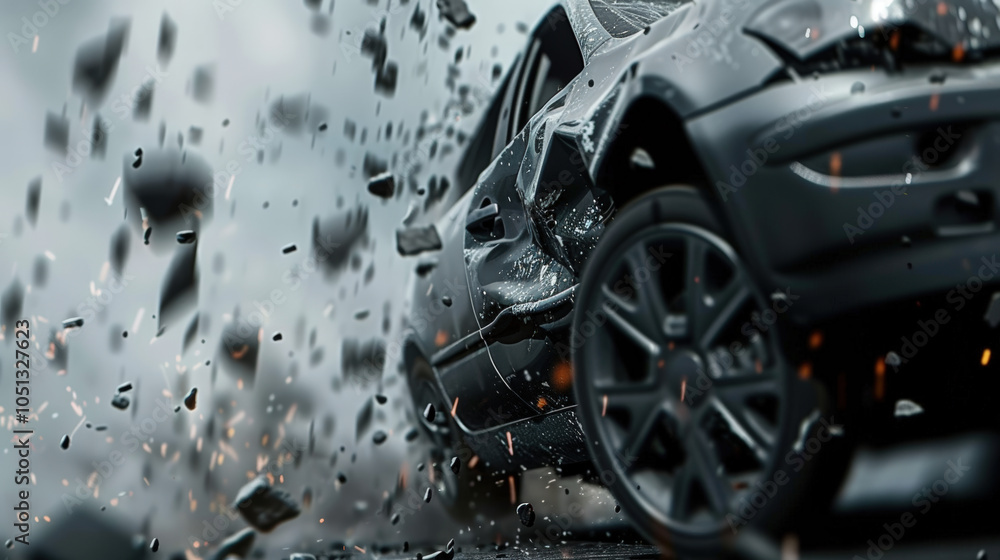 Fototapeta premium car collides with traffic barrier at high speed, causing debris to scatter dramatically. intense impact creates chaotic scene filled with flying rocks and sparks