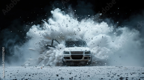 car collides with barrier, creating dramatic explosion of debris and dust. scene captures intensity and chaos of moment, showcasing power of impact