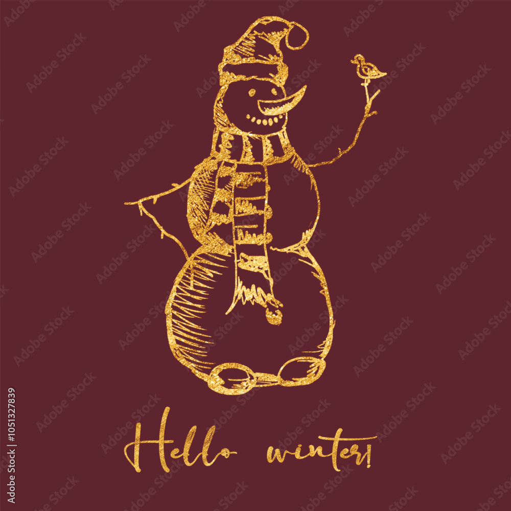 Vector freehand golden Snowman on a red background. Hello winter card. The golden sketch. The texture of writing materials. Christmases hand drawings and pencil strokes. Vector freehand golden Snowman on a red background. Hello winter card. The golden sketch. The texture of writing materials. Christmases hand drawings and pencil strokes.